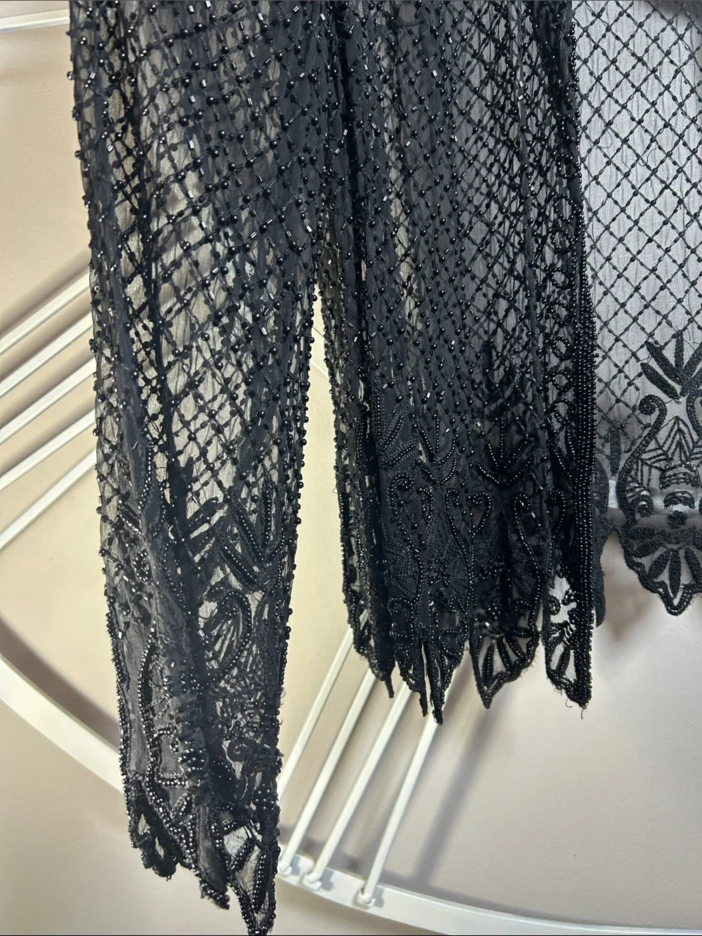 Vintage Stenay 100% Silk Black Beaded Sheer Open-Front Cardigan Duster Jacket